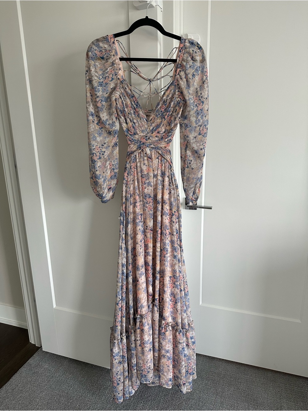 Astr Floral Lace-Up Maxi Dress in Blush and Blue